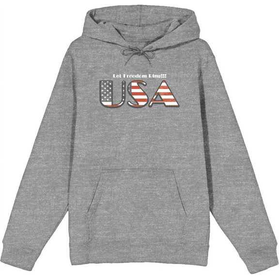 American USA Flag Letters Heather Gray Adult Long Sleeve Hoodie-Large