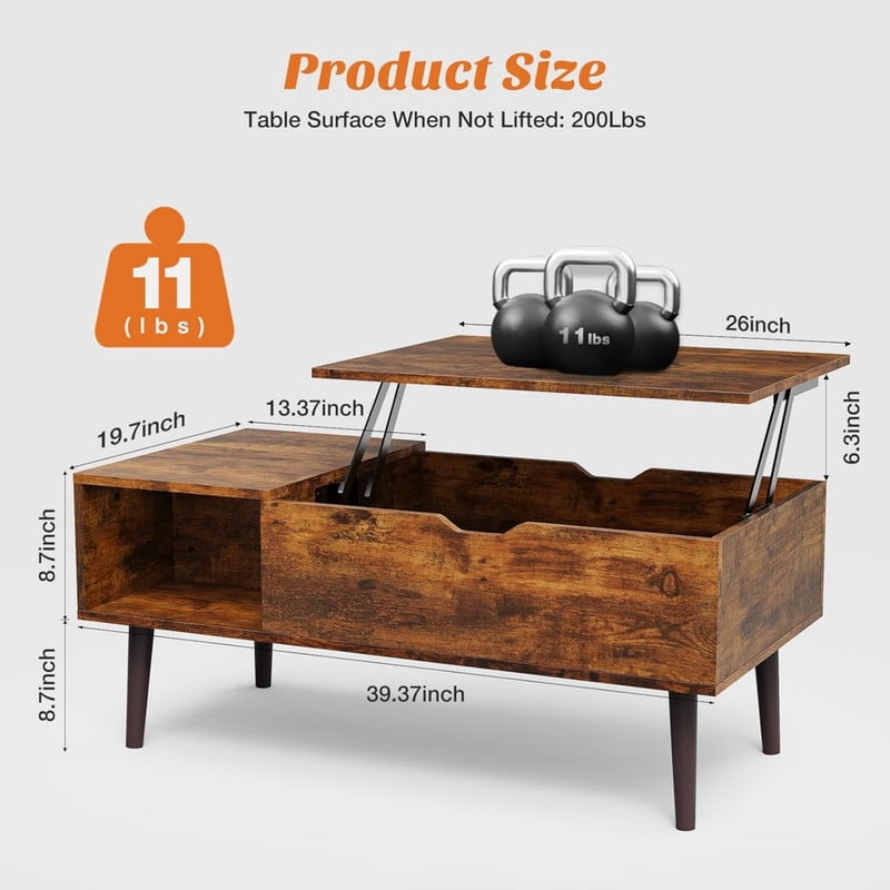 Kelno Lift Top Coffee Table with Hidden Storage Adjustable Height Wood Center Table with Shelf,Rustic Brown