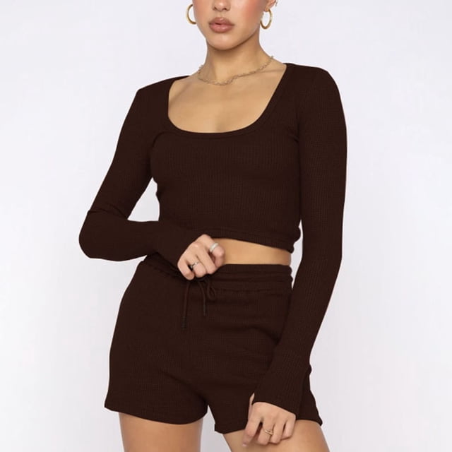 Wolfast Hauts d'Été à Manches Longues pour Femmes Mode Femmes Décontracté Hauts à Manches Longues Col Rond Ensembles de Shorts Décontractés