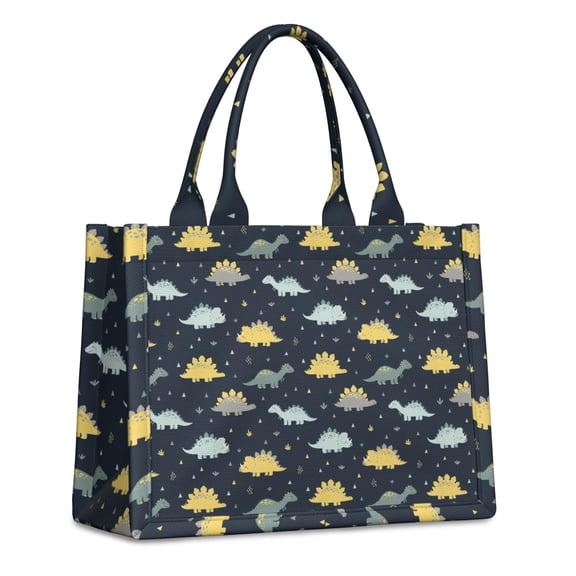Large Capacity Tote Bag,DarkBlue Cartoon Dinosaurs Yellow Triangles Pattern Handbag Fashion Luxury Tote Bag,15.7"x13"x 5.1" Inches,Laptop Compatible