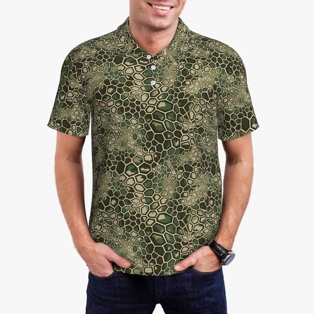 Balery Green Snake Skin Camisa Polo de Hombre con Estampado, de Manga Corta y Tejido Medio, Camisa Tipo Golf Polo-Large