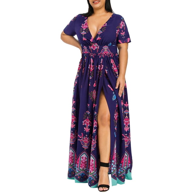Robe Longue Décontractée à Manches Courtes et Col en V Imprimée Papillon pour Femmes Grande Taille