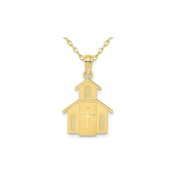 10K Yellow Gold Church with Cross Charm Pendant Necklace with Chain for Women