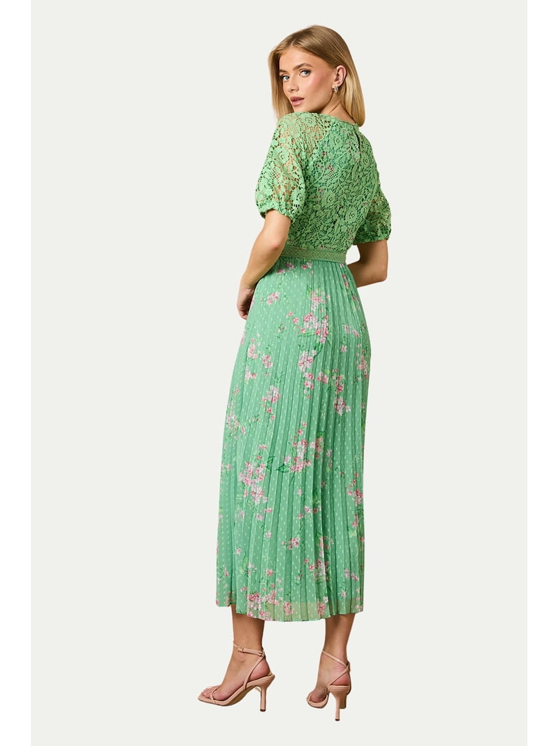 oasis green pleated dress Oasis Women's Lace Puff Sleeve Pleated Midi Dress
