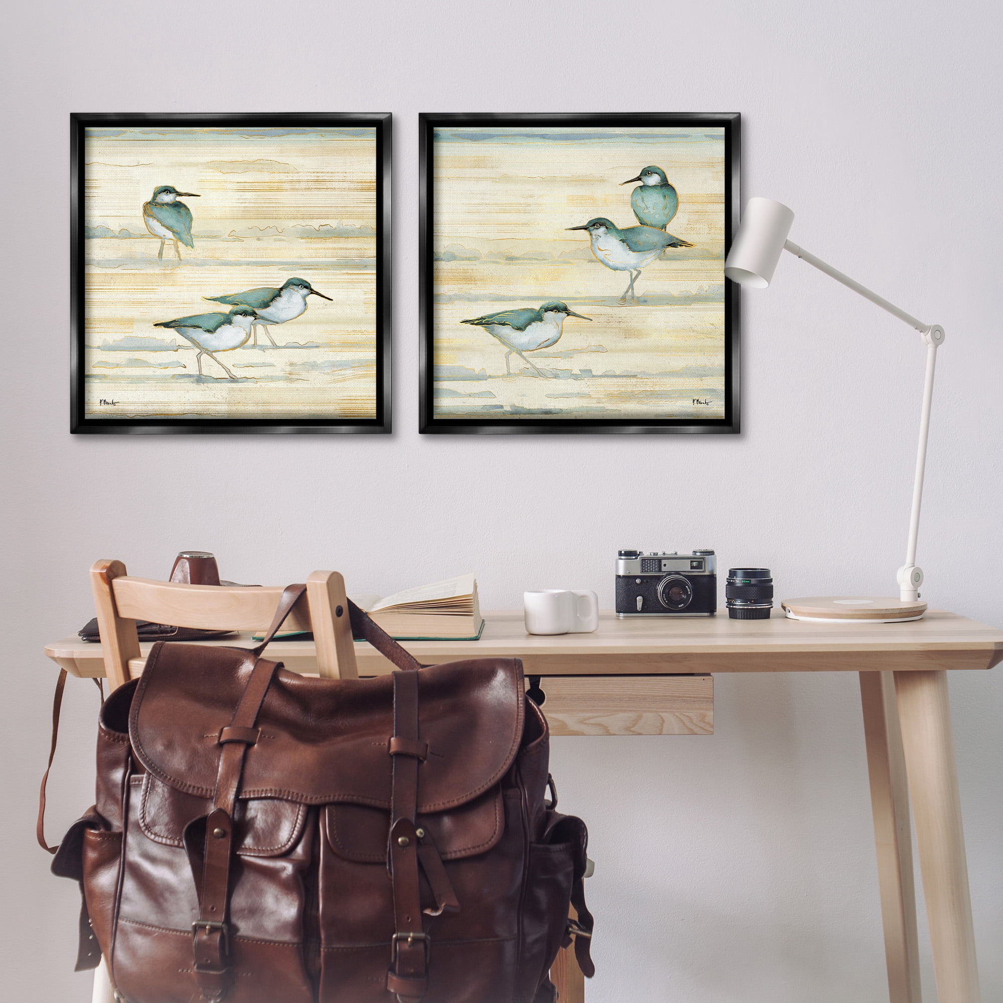 Stupell Industries Sandpipers Abstract Water Shoreline Animals & Insects Painting Black Floater Framed Canvas Art Print Wall Art, 25 x 25, Set of 2