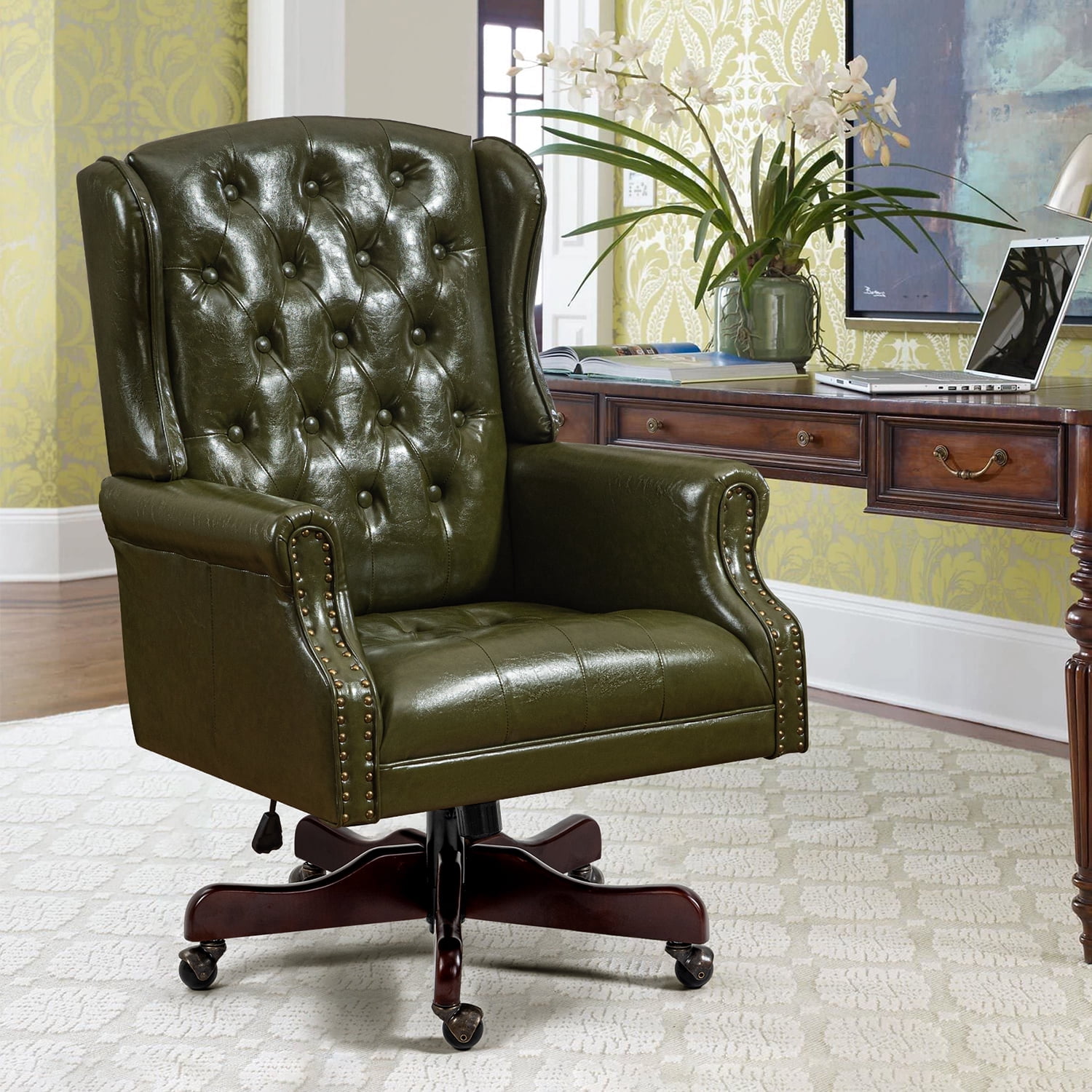 Homhum Classic Boss Office Chair, High Back Faux Leather Swivel Desk Chair, Adult, Green