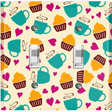 Metal Light Switch Wall Plate Outlet Cover (Coffee Espresso Mocha Cup Heart Cupcake Pattern Beige - Double Toggle)