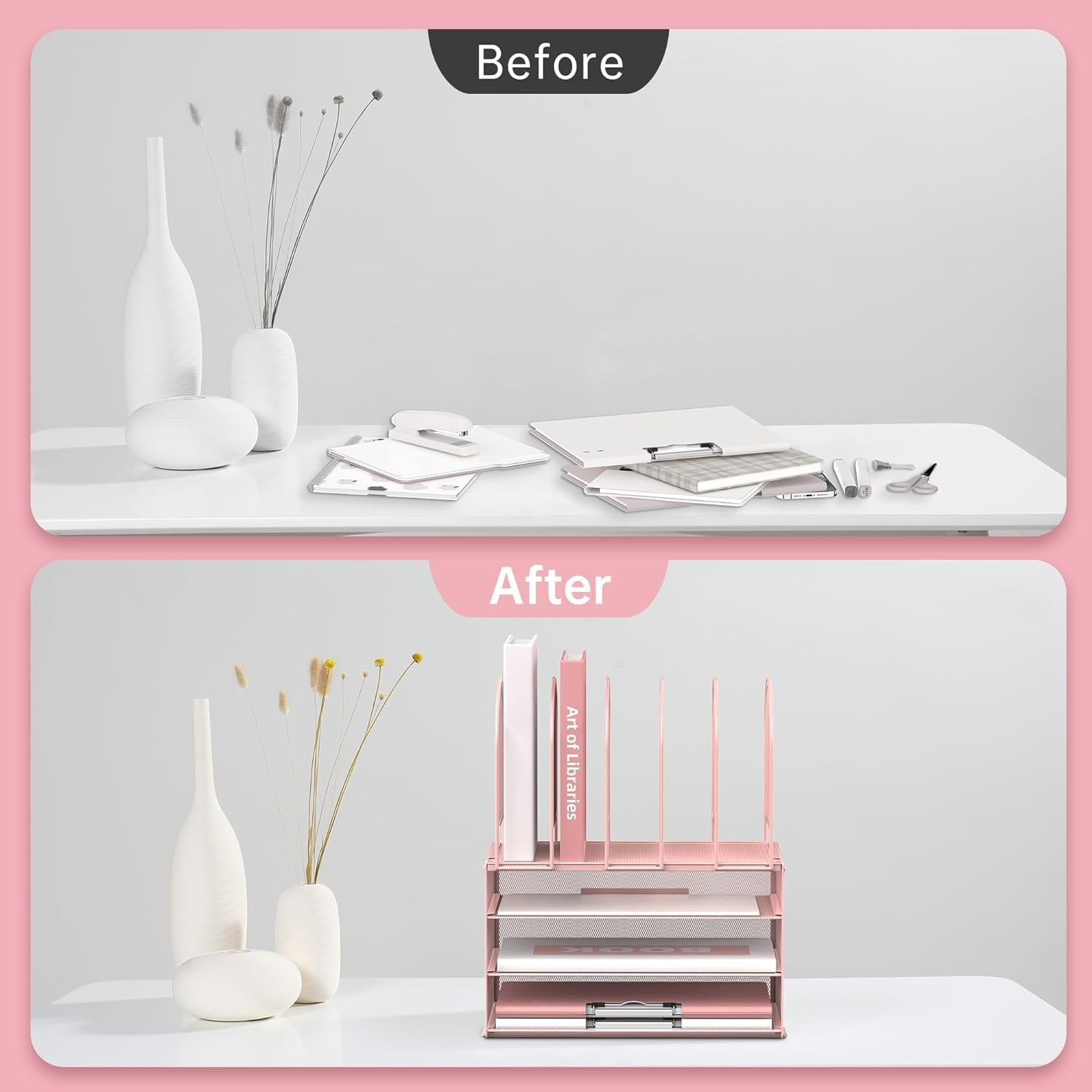 INTIGE 3 Tier Metal Desktop Folder Organizer with 5 Vertical File Shelves, Paper Organizer, Pink, 1 Piece