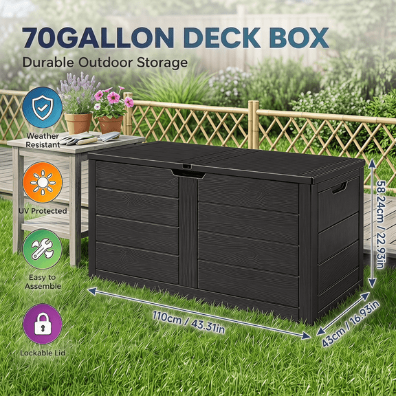 70 Gallon Black Storage Box Waterproof Outdoor Storage Box with Lockable Lid, UV Resistant Patio Storage Box for Pool Supplies, Garden Tools, Garage, Backyard, Easy to Assemble