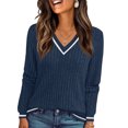 thumbnail image 2 of Wutalume Women's Long Sleeve V Neck Color Block Slim Knit Sweater, Fall Soft Lightweight Top, Solid Base Layer for Styling and Comfort,Navy 2XL, 2 of 6