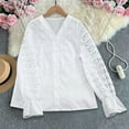 thumbnail image 2 of Blusa,Blusa de encaje para mujer, cuello en V, manga larga, botones y mangas abullonadas, mezcla de poliéster, estilo informal, sopatenor, 2 of 9