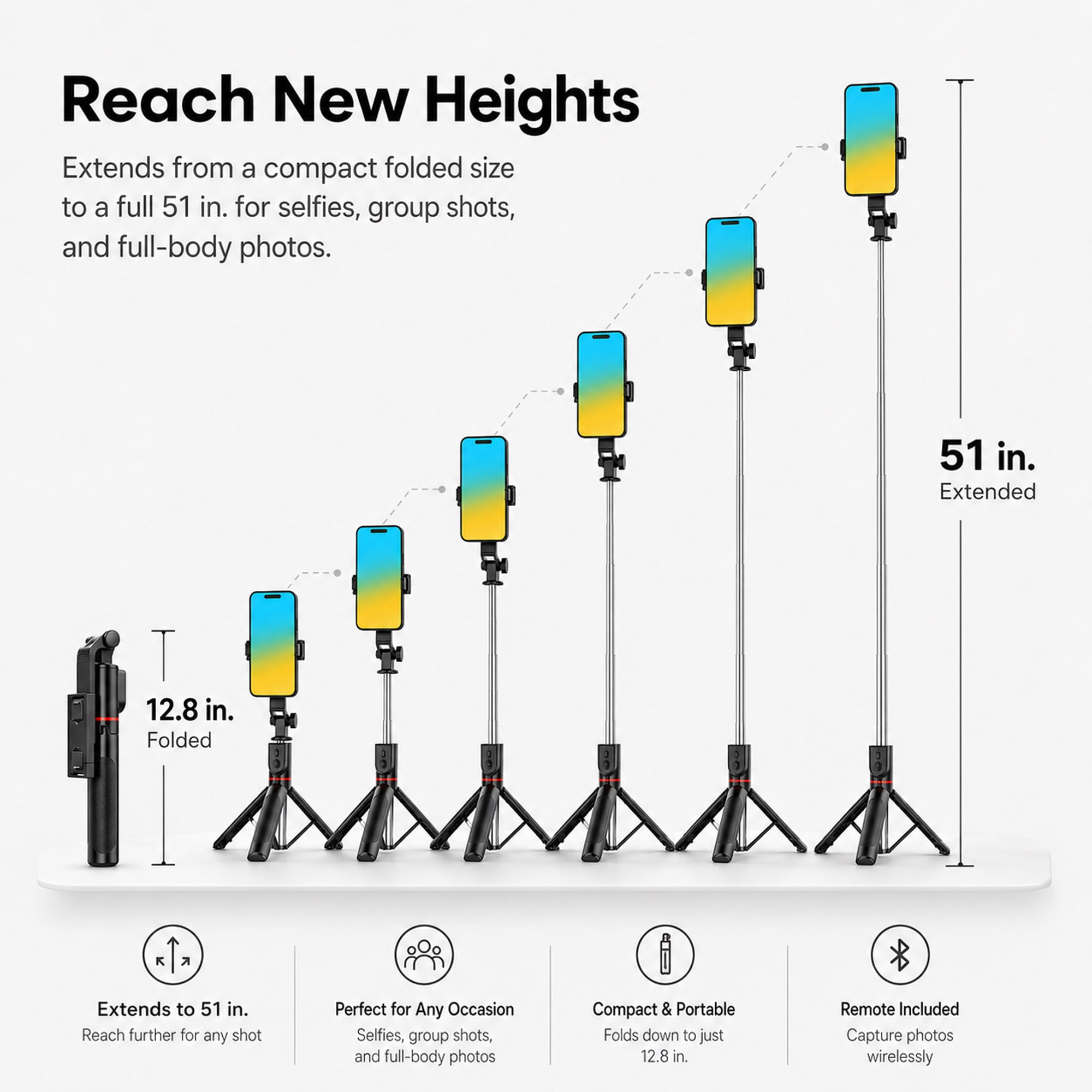 51 inch Selfie Stick Tripod with Wireless Remote, Extendable Phone Tripod Stand for iPhone Samsung Android, Portable Handheld Selfie Stick for Travel, Photos, Videos & Vlogging