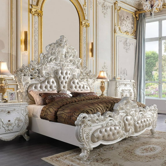 Acme Vanaheim Eastern King Bed, Beige Synthetic Leather & Antique White Finish, PU, Resin, Composite Wood