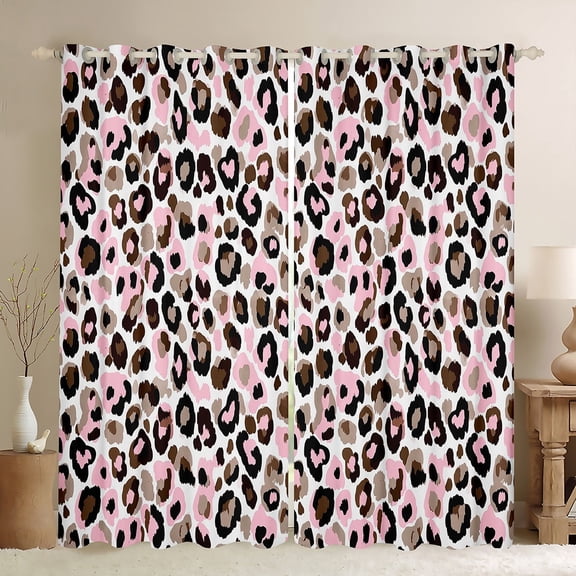 Feelyou Leopard Cheetah Print Black Out Curtains, Black Pink Curtains Pack of 2 (42x63 Each), Modern Fashion Dots Bedroom Curtains, Window Curtains Room Decor