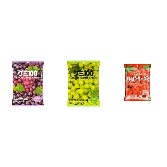 3 Pack Kasugai Gummy Candies, Made in Japan, Gluten Free, Mix 3 Flavor (Grape Frutia,Mmuscat,Strawberry) Plus NineChef Brand Long Handle Coffee Spoon
