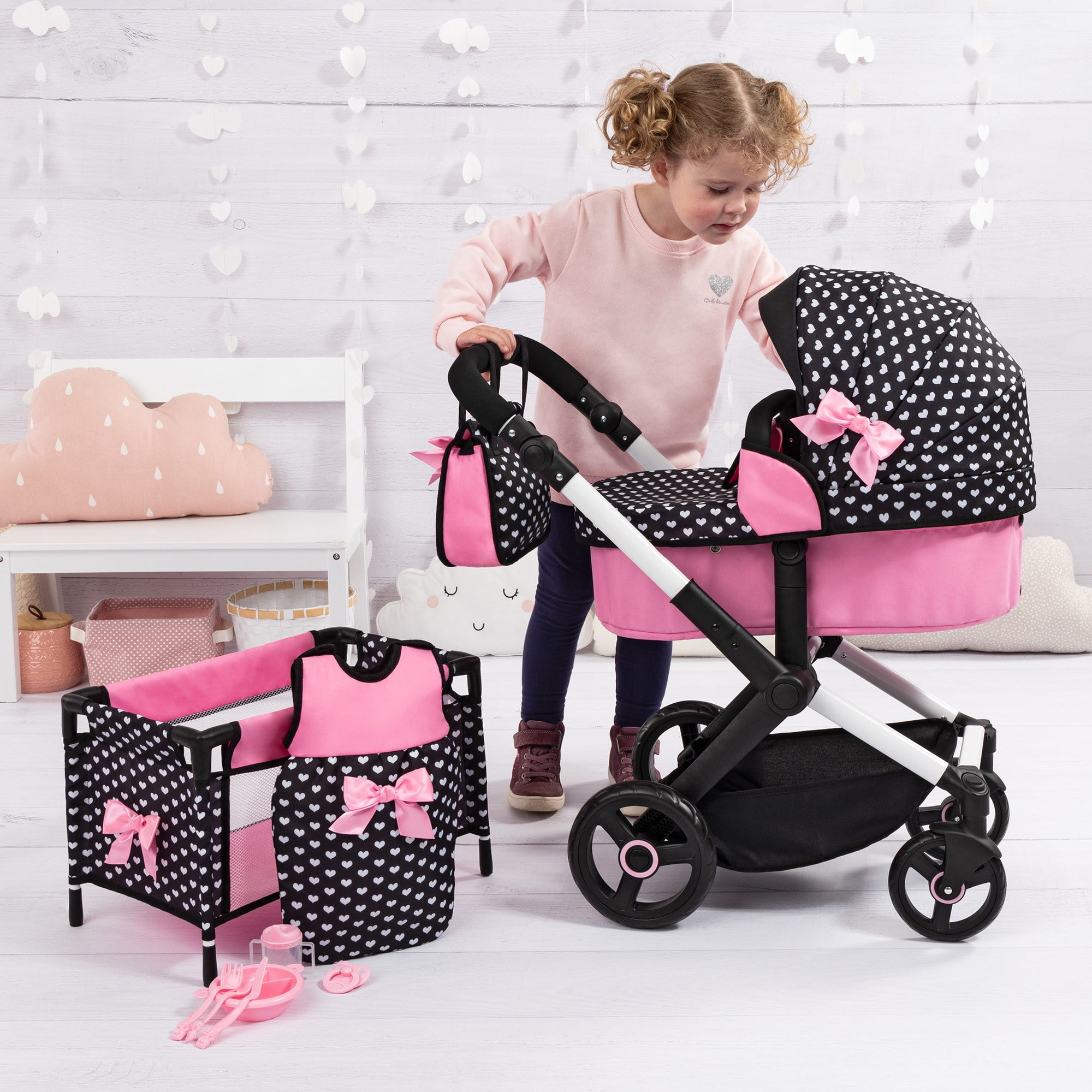 Bayer Design Dolls: Xeo Mega 10 Piece Set - Black, Pink, Hearts - Pram, Bed, Handbag, Feeding & Care Accessories For Dolls Up to 18", Toy, Kids Age 3+