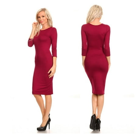 Women Casual Dress Fitted 3/4 Sleeve Bodycon Stretch Pencil Hourglass Midi S M (Best Dress For Hourglass)