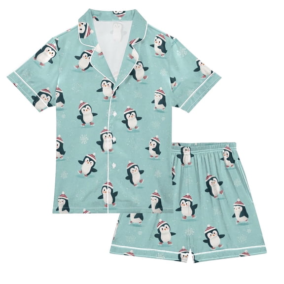 Kids Satin Pajama Set Button Down V-Neck Short Sleeve Nightwear Cute and Lively Penguins Sleepwear Small