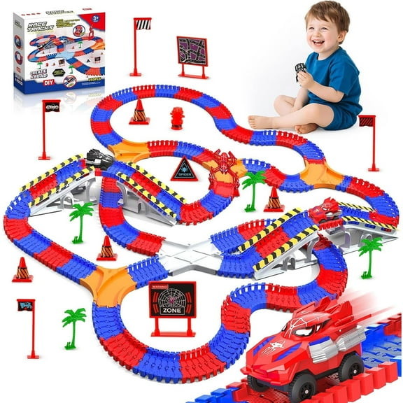 Spider Toys for Boys 3-4, 250 PCS Flexible Road Race Track Playset with 2 Monster Cars for 3 4 5 6 Year Old Flex Ready Ramp Playsets Car Truck for Kids Toddler Age 3-6 3-5 4-6 4-7 Birthday Gifts
