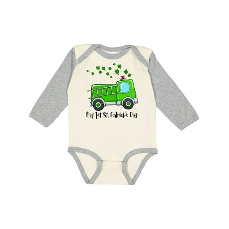 

Inktastic My 1st St. Patrick s Day Green Fire Truck with Clovers Gift Baby Boy or Baby Girl Long Sleeve Bodysuit