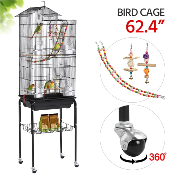 Topeakmart Rolling Metal Bird Cage Large Parrot Cage with Detachable Stand &amp; Toys Budgies Cockatiels Parakeets Black