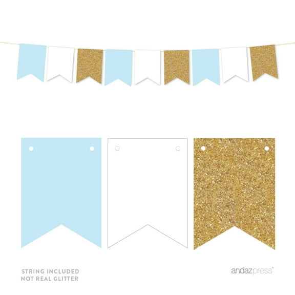 Signature Baby Blue, White, Gold Glittering Party, Hanging Pennant Banner, Blank Pennants