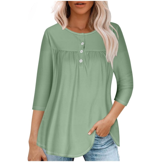 RXIRUCGD T-shirt d'Été Décontracté pour Femmes Manches Trois-Quarts Col Rond Froncé Blouse, Vert, Taille : S