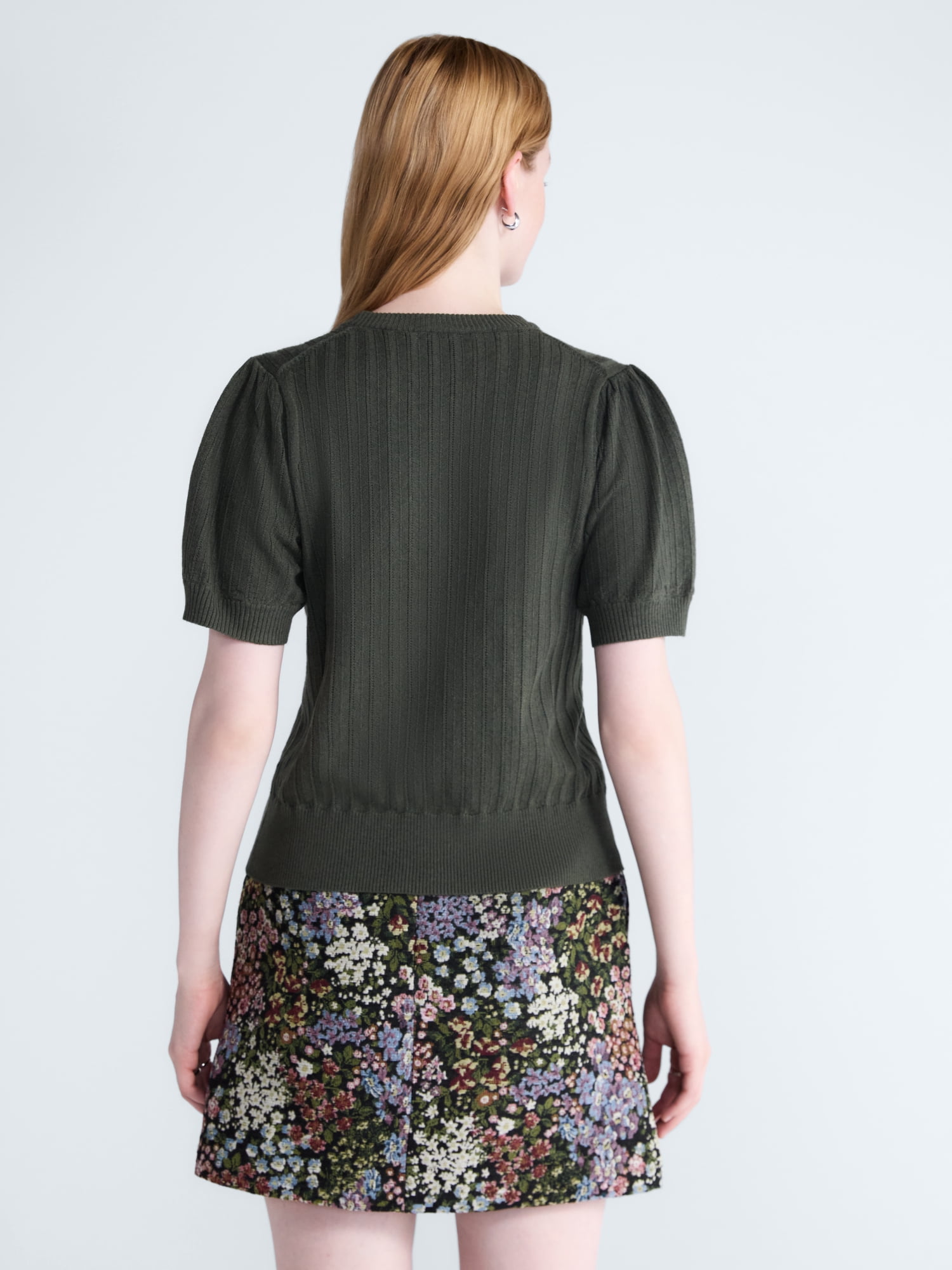Free Assembly Women’s and Women's Plus Pointelle Sweater with Puff Sleeves, Sizes XS-4X