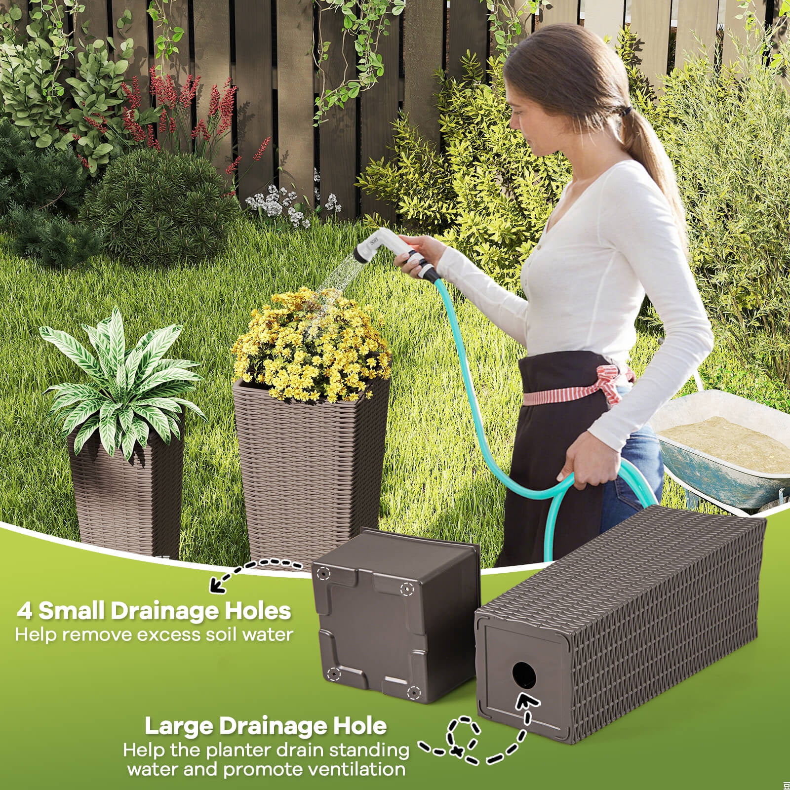 Costway Rattan Tall Planter Set of 2 with Removable Inner Trays, Drainage Holes for Garden Coffee