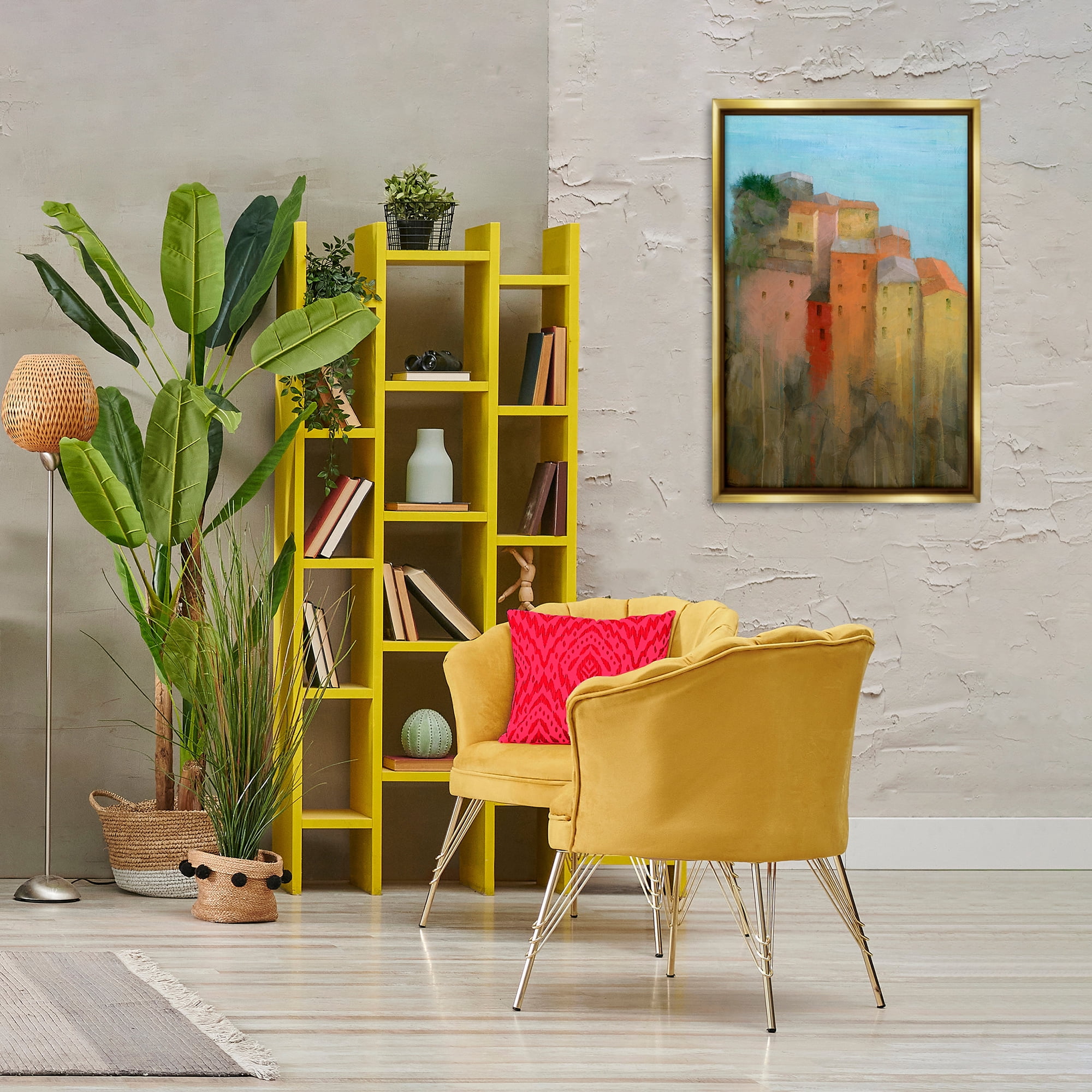 Stupell Industries Tall Seaside Architecture Buildings & Architecture Painting Gold Floater Framed Canvas Art Print Wall Art, 21 x 31