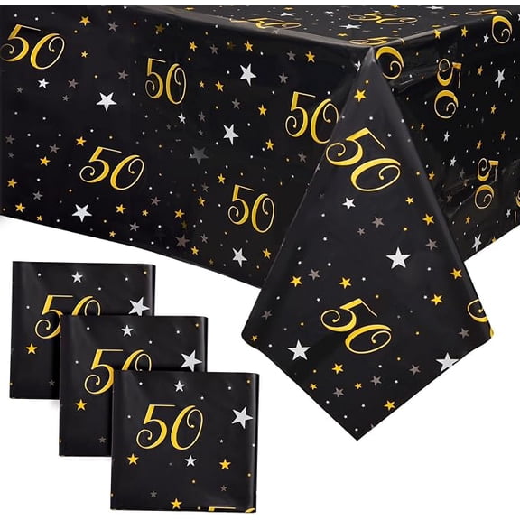 50th Birthday Tablecloths 3 Pack Black and Gold Disposable Plastic Table Covers 54 x 108 Inches