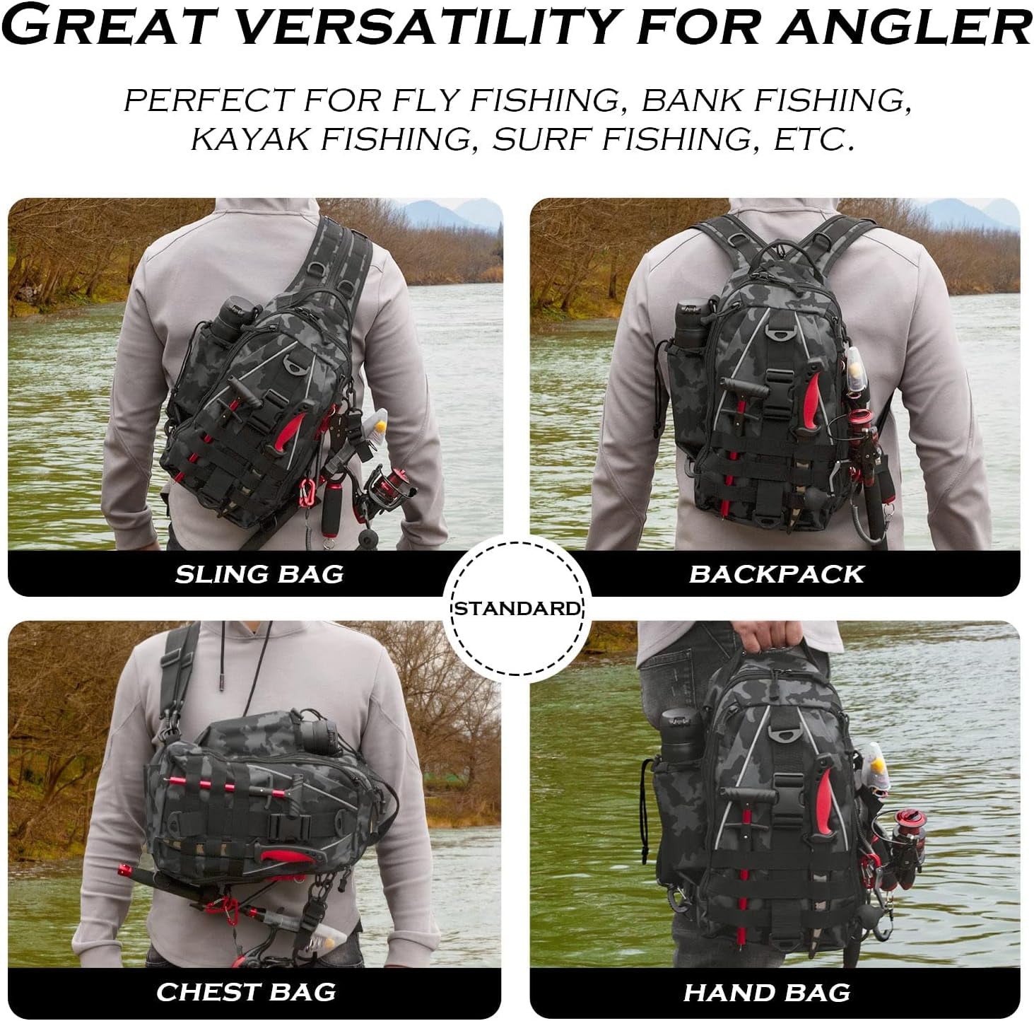 Fishing Nylon Backpack Tackle Sling Bag Backpack with Rod Holder Gift for Mother Fathe Lightweight Fishing Backpack Storge Fishing Gear and Equipment