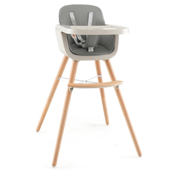 Furnibear 3-in-1 Convertible Wooden Baby High Chair with Detachable Tray and 5-Point Harness and Cushion for Babies and Toddlers 6 Months to 3 Years, Gray
