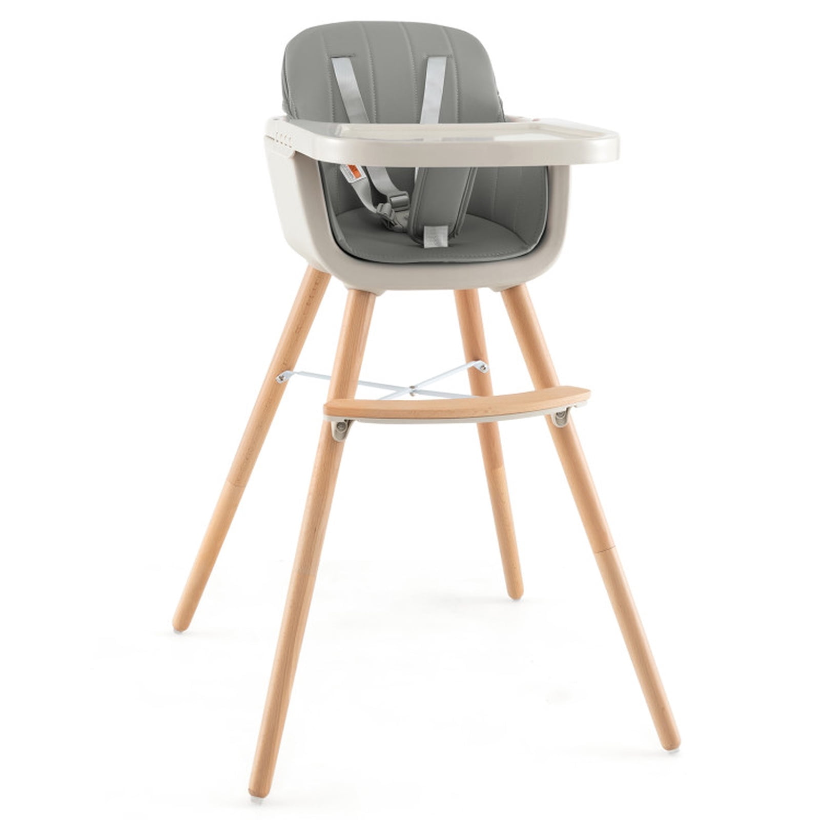 Furnibear 3-in-1 Convertible Wooden Baby High Chair with Detachable Tray and 5-Point Harness and Cushion for Babies and Toddlers 6 Months to 3 Years, Gray