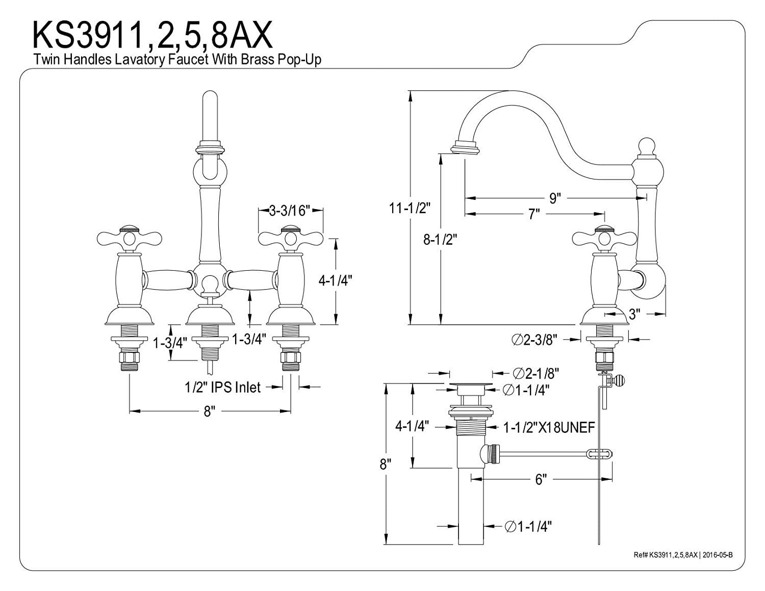 Kingston Brass KS3911AX Restoration Bathroom Bridge Mounted Faucet, Polished Chrome