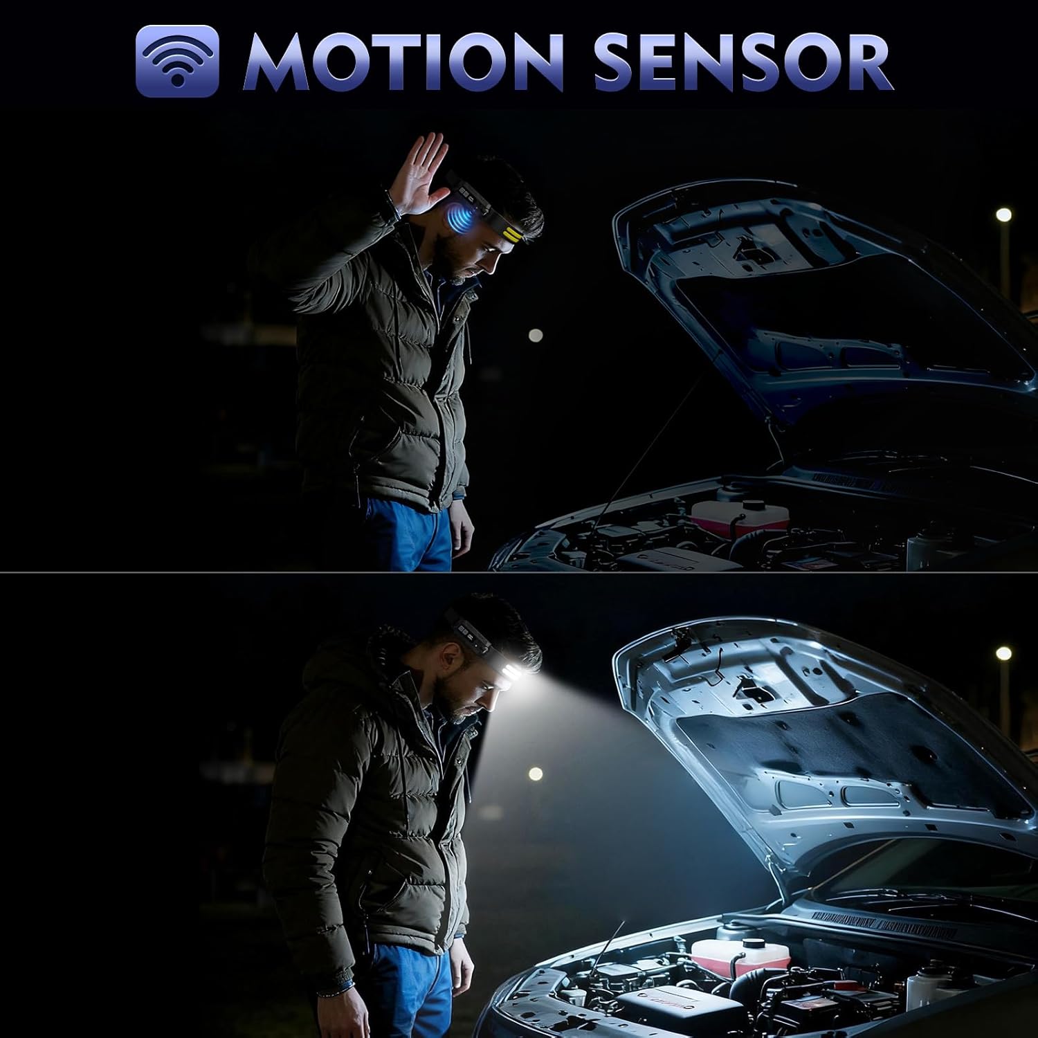 LED Headlamp Rechargeable with Red Light 2 Pack, 270° Wide Beam Head Lights for Forehead, 7Mode Head Lamp with Motion Sensor, LCD Digital Display, Waterproof Hard Hat Light for Camping Hiking Fishing