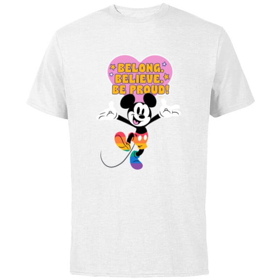 Disney Mickey Mouse Pride Rainbow Belong Believe Be Proud! - Short Sleeve Cotton T-Shirt for Adults - Customized-White