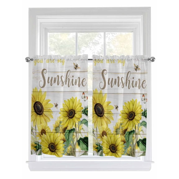 Sunflowers Living Room Curtains 2 Panel, Country Spring Botanical Flowers Bee Wooden Cafe Window Treatment, Farmhouse Bedroom Bathroom Kitchen Curtains Drapes 104"x45"