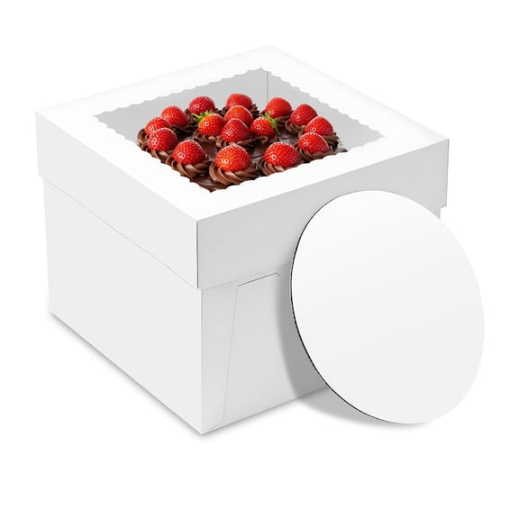 3 Pack Cake Boxes, 10x10x8 Inches Tall Cakes Box with Window, White Cake Boxes with Cakes Boards, Square Bakery Box, for Cake, Treat Cookie Dessert, Pastry, Birthday Party, Mother's Day, Weddings