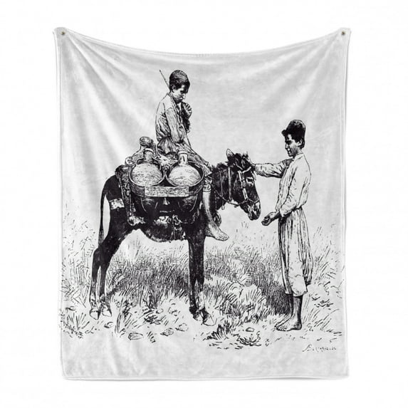 Donkey Soft Flannel Fleece Blanket, Water Carrier from Tyre Lebanon Vintage Engraved Illustration of Travel Journal, Cozy Plush for Indoor and Outdoor Use, 70" x 90", Black and White, by Ambesonne