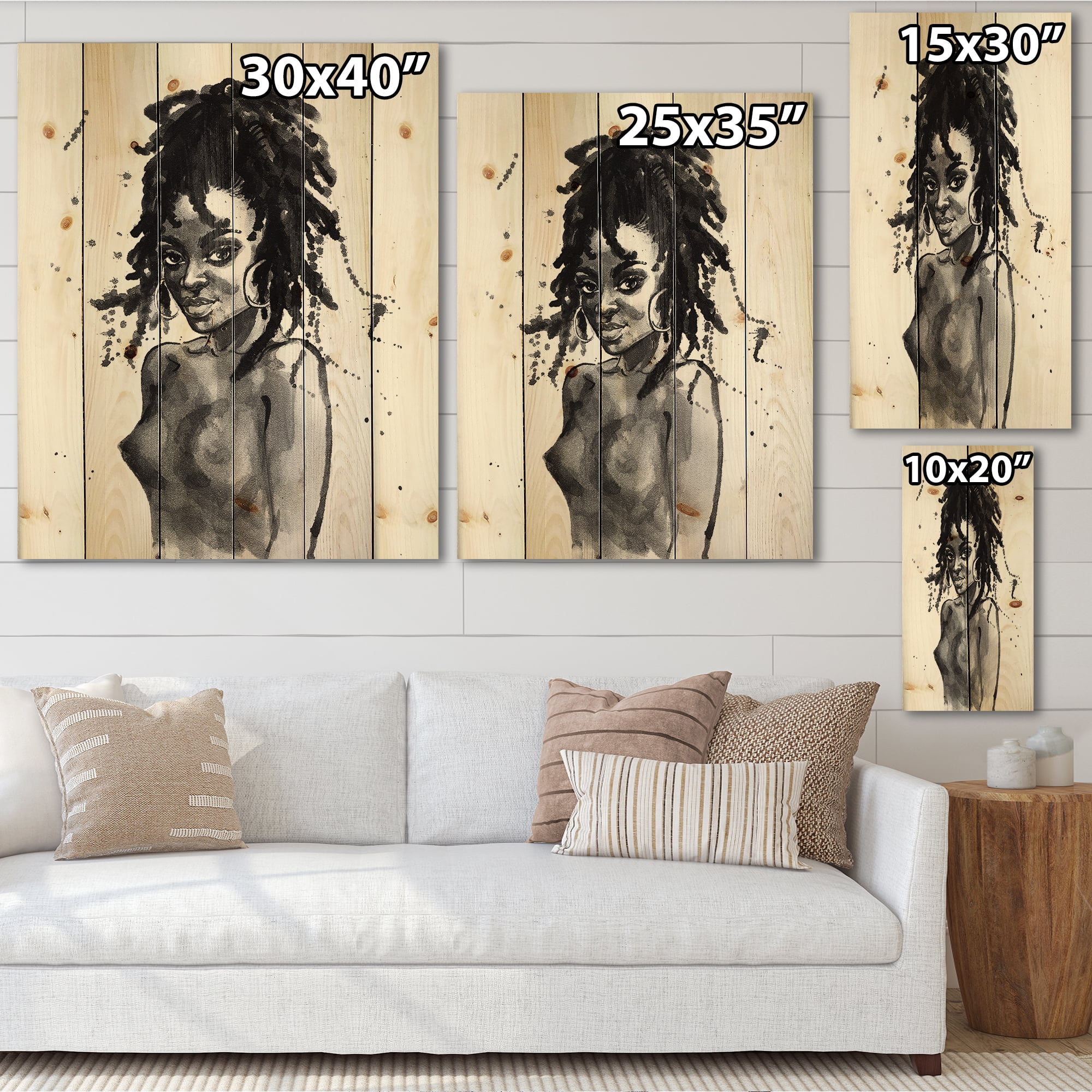 Designart 'Black and White Portrait of African American Woman V' Modern Print on Natural Pine Wood
