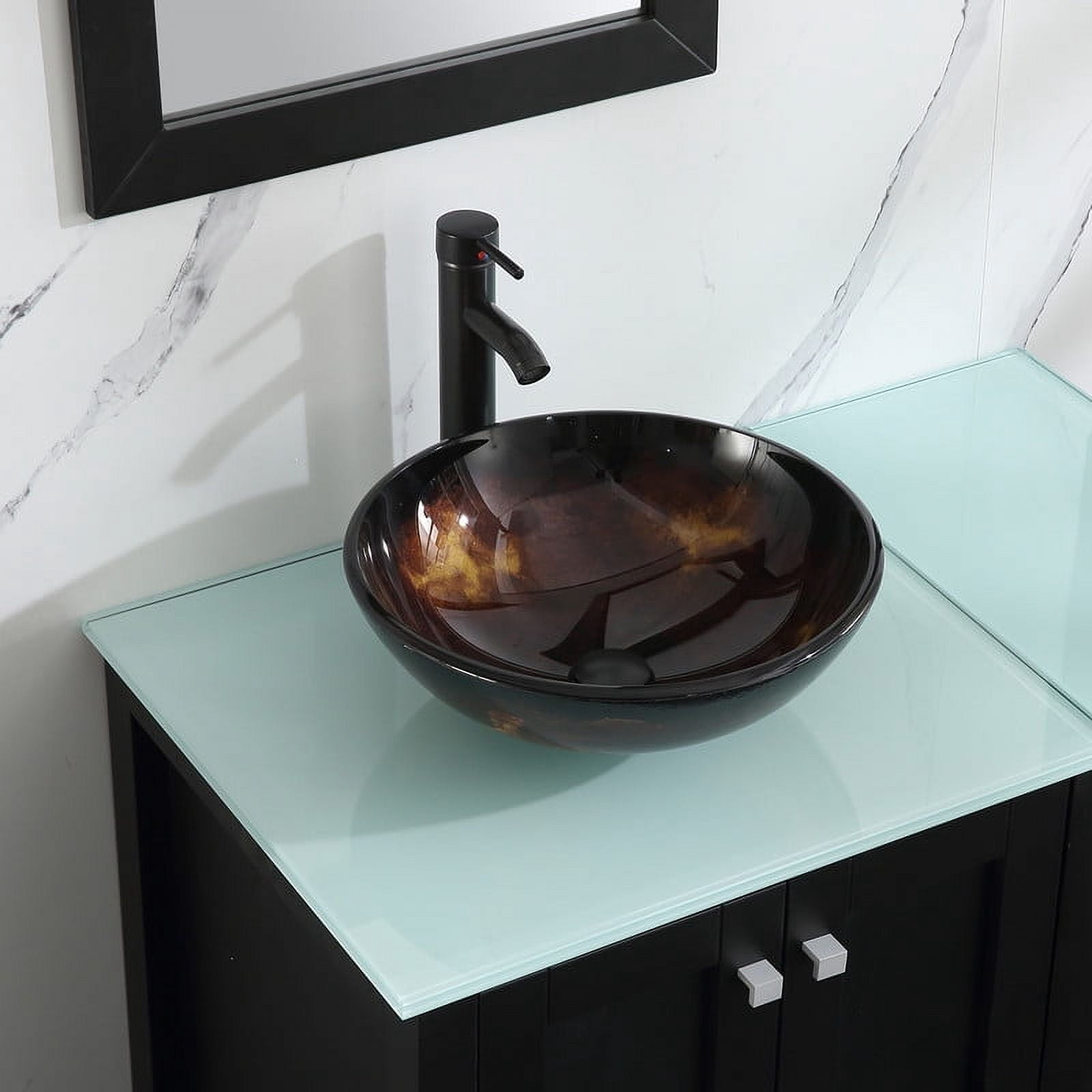 Walsport 36" Luxurious Wood Bathroom Vanity Cabinet Round Tempered Glass Vessel Sink Bowl ORB Faucet Drain Combo Design with Mirror Modern Vanities Set,Black