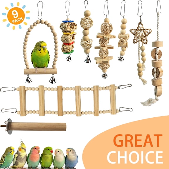 BellaNotes 9Pcs Bird Parrot Swing Chewing Toys-Hanging Bell Bird Cage Toys Suitable for Small Parakeets, Cockatiels, Conures, Finches,Budgie,Macaws, Parrots, Love Birds
