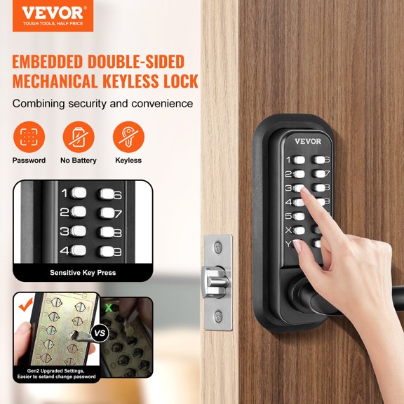 VEVOR Cerradura de puerta de entrada mecánica sin llave, teclado de 14 dígitos, juego de cerraduras de puerta de puerta exterior integradas de doble cara con manija y teclado, aleación de zinc imperme