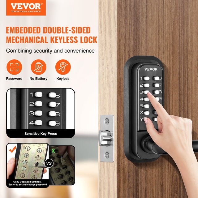 vevor cerradura de puerta de entrada mecánica sin llave, teclado de 14 dígitos, juego de cerraduras de puerta de puerta exterior integradas de doble cara con manija y teclado, aleación de zinc imperme — Vista frontal en primer plano de la cerradura mecánica negra VEVOR montada en una puerta de madera; teclado vertical de 14 botones numéricos, manija de palanca a la derecha, placa de cierre metálica y pestillo visibles en el canto. Logotipo VEVOR en la parte superior y dedo presionando un número. Compatible con puertas de 35–65 mm, adecuada para entradas exteriores, patios y trasteros; a menudo usada como reemplazo directo de cerraduras tradicionales.