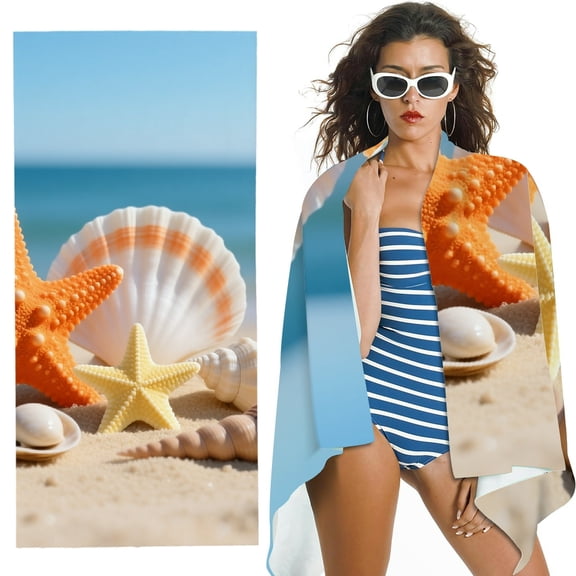 RKSupls Oversized Microfiber Beach Towel - shell on sand and summer time Print, for Bathroom,Beach, Soft Super Absorbent- 30x60 in