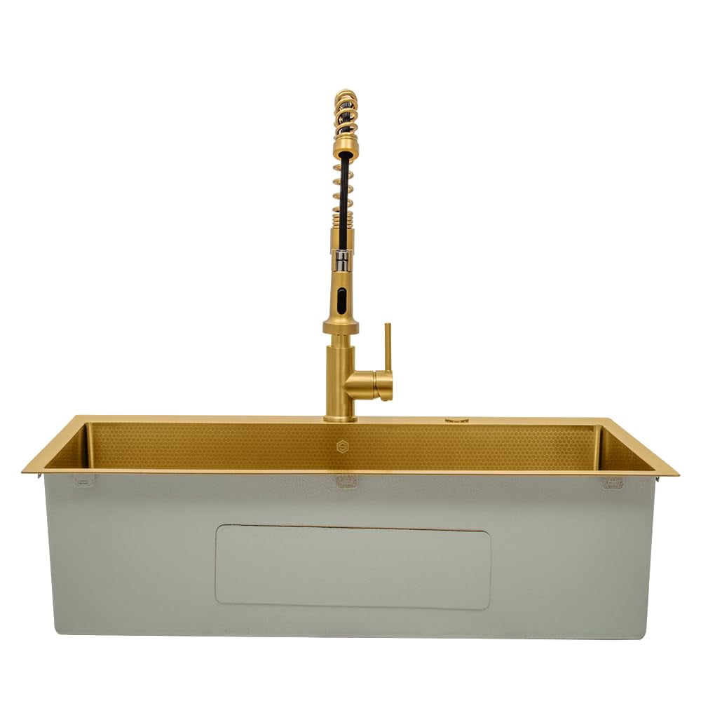 Strictly Sinks Dual Mount Workstation Kitchen Sink – 33 Inch 16 Gauge Embossed Hexagon Texture Kitchen Sink with Grid, 1 Strainer Drain, 1 Garbage Disposal Adapter & Clips (Gold)