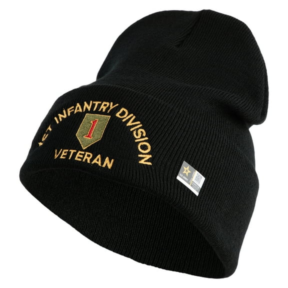U.S. Army 1st Infantry Division Logo Embroidered 12 Inch Solid Knit Cuff Long Beanie Made in USA - Black OSFM