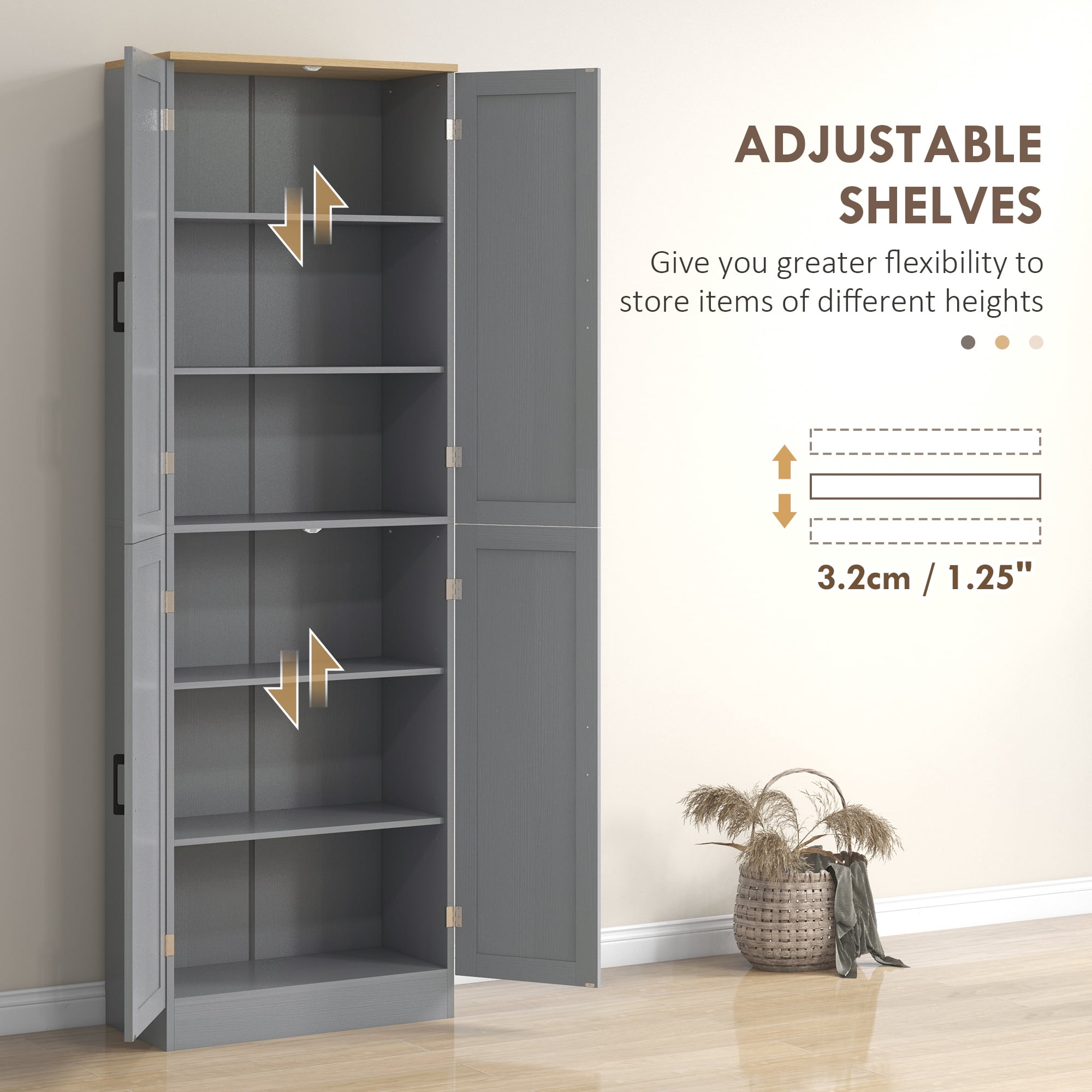 HOMCOM 67" Freestanding Kitchen Pantry, 4-Door Storage Cabinet Organizer with Adjustable Shelves and Doors, Distressed Gray