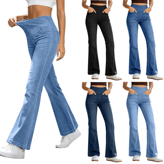 Jeans for Women High Waisted Stretch Denim Flared Pants Wide Leg Solid Color Trousers Soft Comfortable Casual Outfits